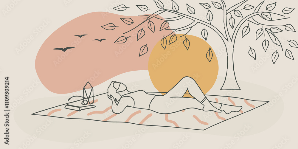 Poster Healing Crystals A person reclines on a large blanket under a tree with a face mask on and an array of healing crystals p around them. Birds chirp in the background and a gentle