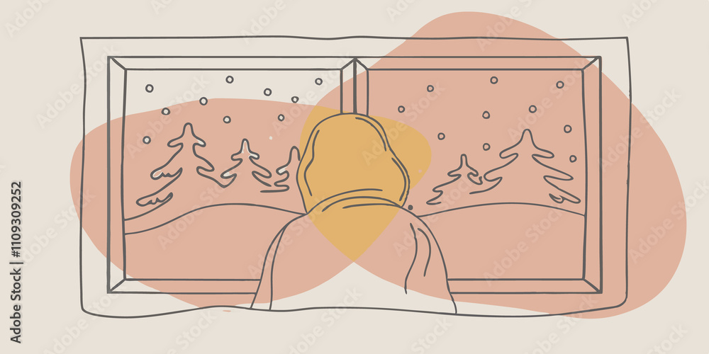Poster Heartfelt Moment In this image the figure is seen from behind wrapped in a cozy blanket with one hand resting on the window sill. Snowflakes land on the glass and the tranquility