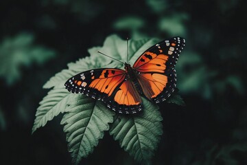 Fototapeta premium Close-up of a Butterfly on a Green Leaf in the Forest. AI generated illustration