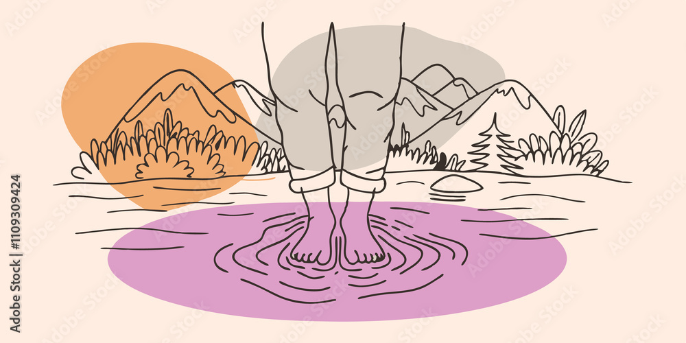 Poster joyful surprise a figure stands at the edge of a sparkling mountain stream their toes ly touching th