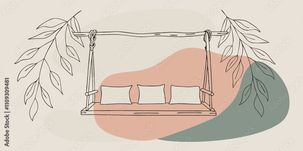 Poster lush lounge a rustic swing hangs between two intertwined branches adorned with soft cushions. the gr