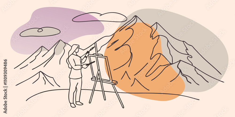 Poster majestic mountain view a figure stands before a grand mountain range easel set up on a rocky surface