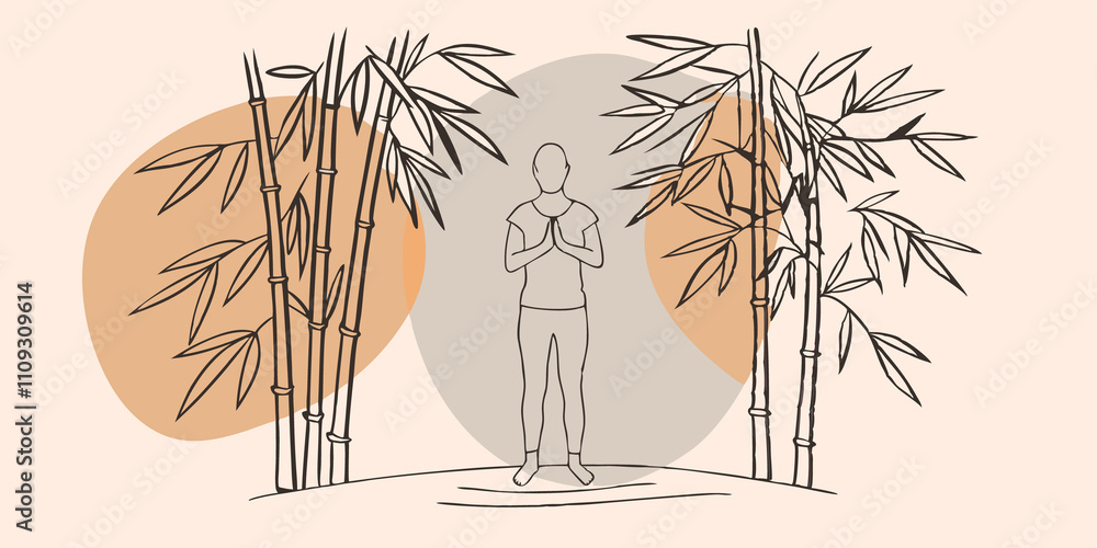 Poster Mindful Pause A person stands still in the middle of the forest closing their eyes and taking a deep breath. Sunlight filters through the bamboo leaves casting a dappled light and