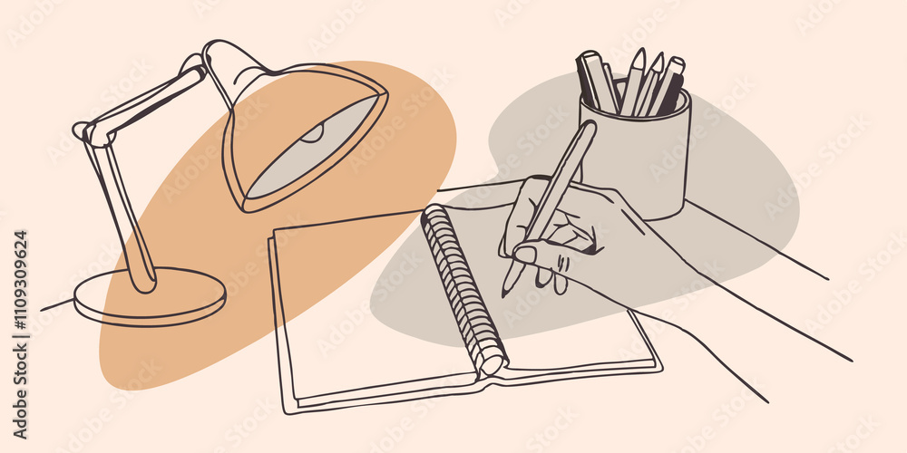 Aufkleber Mindful Creation A person gently sketching in a notebook on a clean desk surrounded by the soft glow of a small table lamp. The simplicity of the scene is highlighted by the