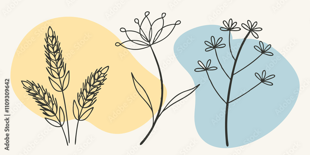 Aufkleber Minimalist Flora A simple yet elegant collage focusing on just a few dried stems and flowers. A single tall wispy stem stands proud against a neutral soft white background while a