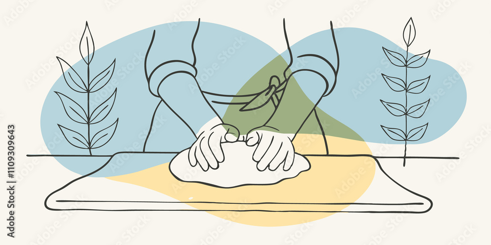 Poster mixing the dough a person kneads a mound of dough on a floured wooden surface. flour dusts their han