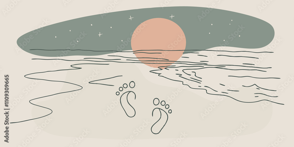 Aufkleber moonlit wonderland depict a nighttime beach scene illuminated by a full moon. barefoot footprints sh