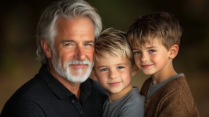 Granddad sharing a heartfelt embrace with grandsons, bright smiles and laughter, family connection, Ultra-Realistic, Photo Realistic, highly detailed, 