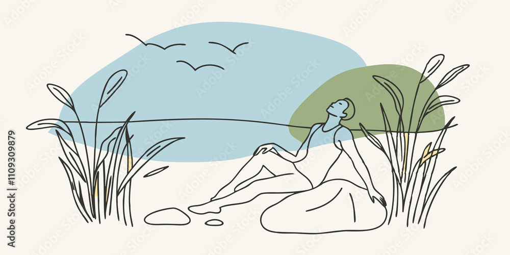 Aufkleber Natural Embrace The swimmer rests momentarily by the shore leaning against a smooth rock. The lake edge is adorned with pebbles and soft grass and the ambiance is filled with the