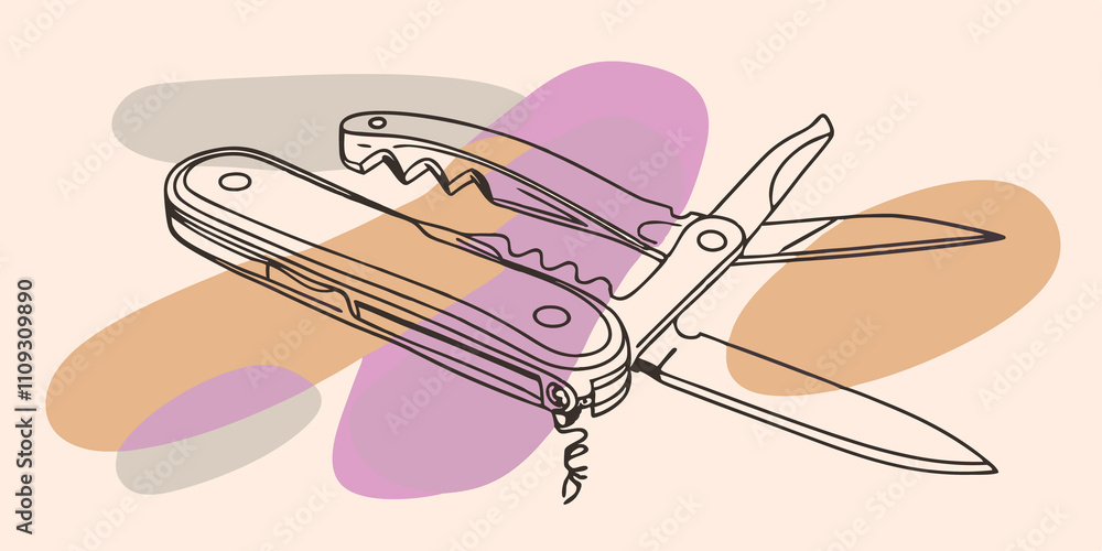 Aufkleber Multitool A versatile multitool is clipped to the front of the backpack ready for action. Its shiny metallic surface reflects the light showcasing a knife screwdriver and bottle or