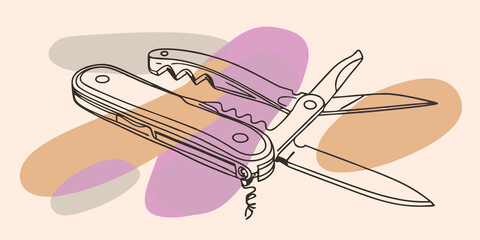 Multitool A versatile multitool is clipped to the front of the backpack ready for action. Its shiny metallic surface reflects the light showcasing a knife screwdriver and bottle or