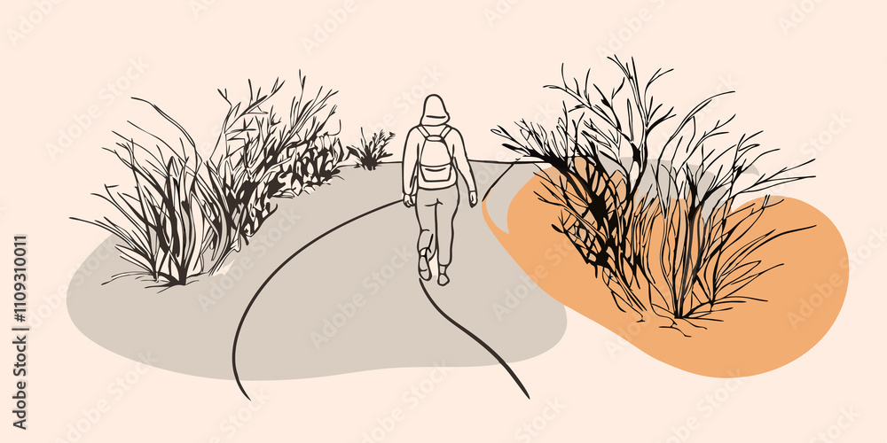 Poster Natures Canvas A person walks along a path where the grass peeks through the light dusting of snow. Their breath forms clouds in the cold air as they enjoy the stillness surrounded