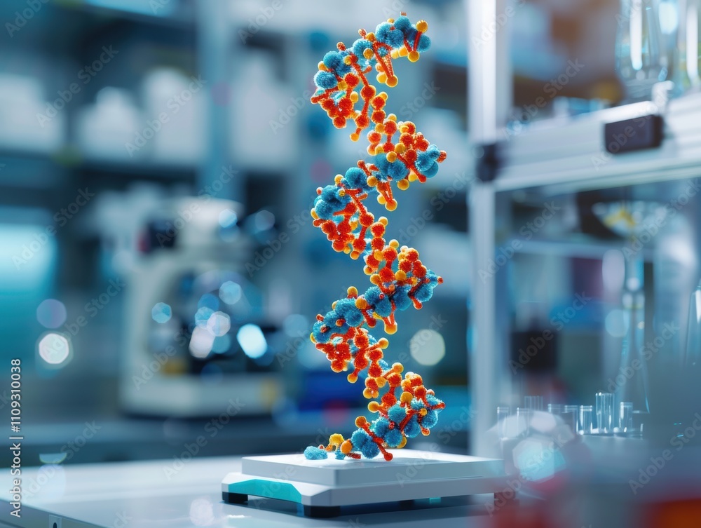 Poster a 3d representation of a dna double helix in a laboratory setting.