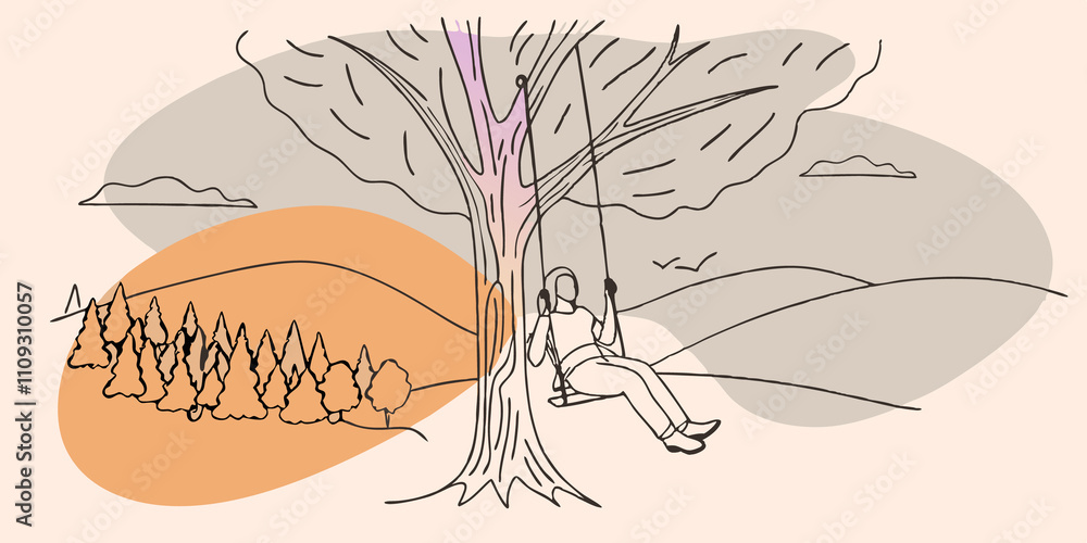 Poster natures embrace an adult enjoys a moment of tranquility on a rope swing tied to a sy tree. their gaz