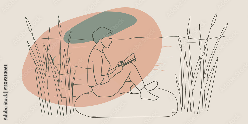 Aufkleber natures embrace an individual sits crosslegged on a large smooth rock at waters edge. surrounding th