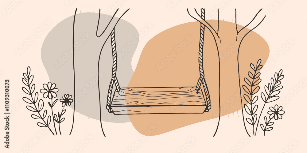 Poster Natures Embrace A charming swing made of worn rope and a polished wooden plank is suspended between two towering trees. Wildflowers bloom nearby and the soft rustle of leaves adds