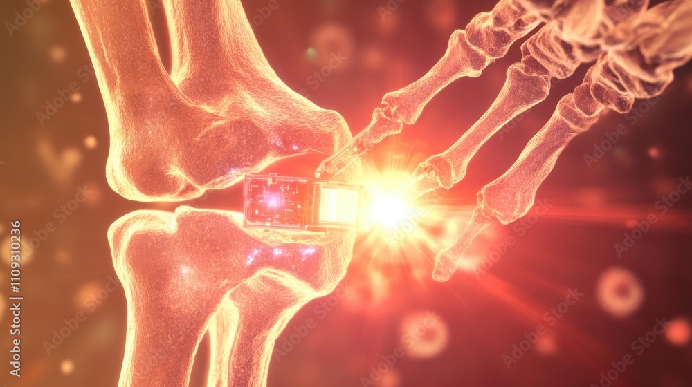 Poster futuristic visualization of joint repair technology using advanced robotics and biomechanics to tran