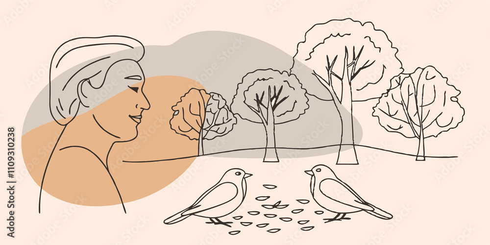 Poster natures harmony in a serene park setting an individual with a calm expression watches as a pair of s