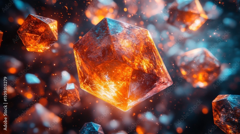 Poster abstract representation of glowing crystal shapes in space with stunning lighting effects enhancing 