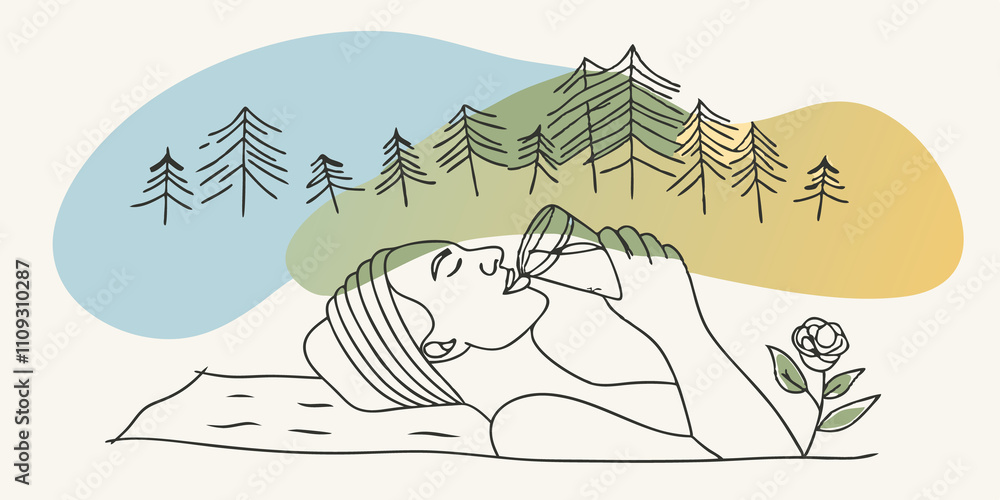 Poster natures oasis nestled a tall trees and gentle blooms someone reclines on a soft blanket spread acros