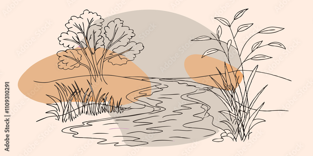 Poster Natures Reflections In the background the sunlight glistens on the waters surface creating dazzling reflections. Lush greenery surrounds the riverbank while the sound of the