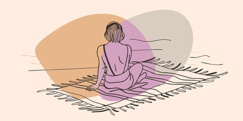 Natures Embrace Sitting on a beach towel a figure has their back to the viewer watching the sun dip towards the horizon. They lift their hand to touch the grains of sand all the