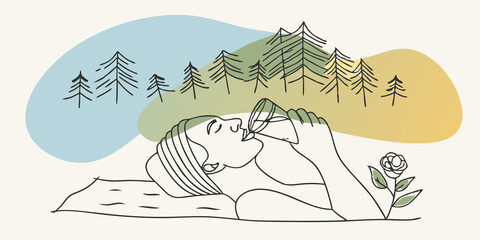 Naklejka premium Natures Oasis Nestled a tall trees and gentle blooms someone reclines on a soft blanket spread across the grass. They have a soothing clay face mask on while they sip herbinfused