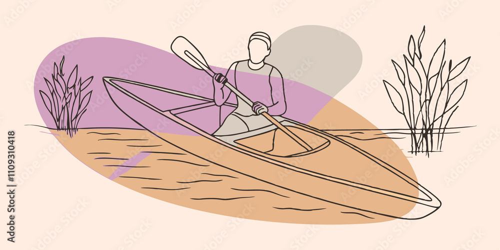 Poster oar in motion the kayaker dips an oar into the calm waters as they paddle slowly creating small ripp