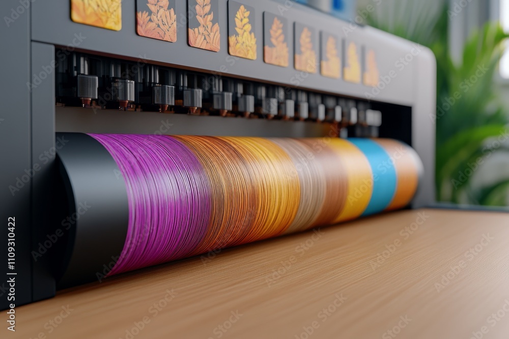 Poster A dynamic image of CMYK swatches being compared under natural and artificial light in a printing room