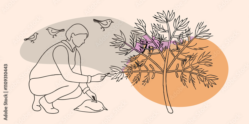 Aufkleber Observing Nature A person crouches low observing the intricate patterns on the leaves of a wild fennel plant. After making sure its what they want they gently pluck some fronds