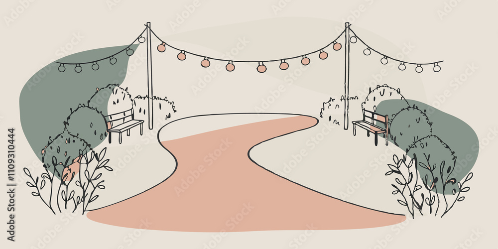 Aufkleber Pathway of Light A winding gravel path through a garden lined with charming luminaries made of string lights. The path leads to a cozy seating arrangement illuminated softly