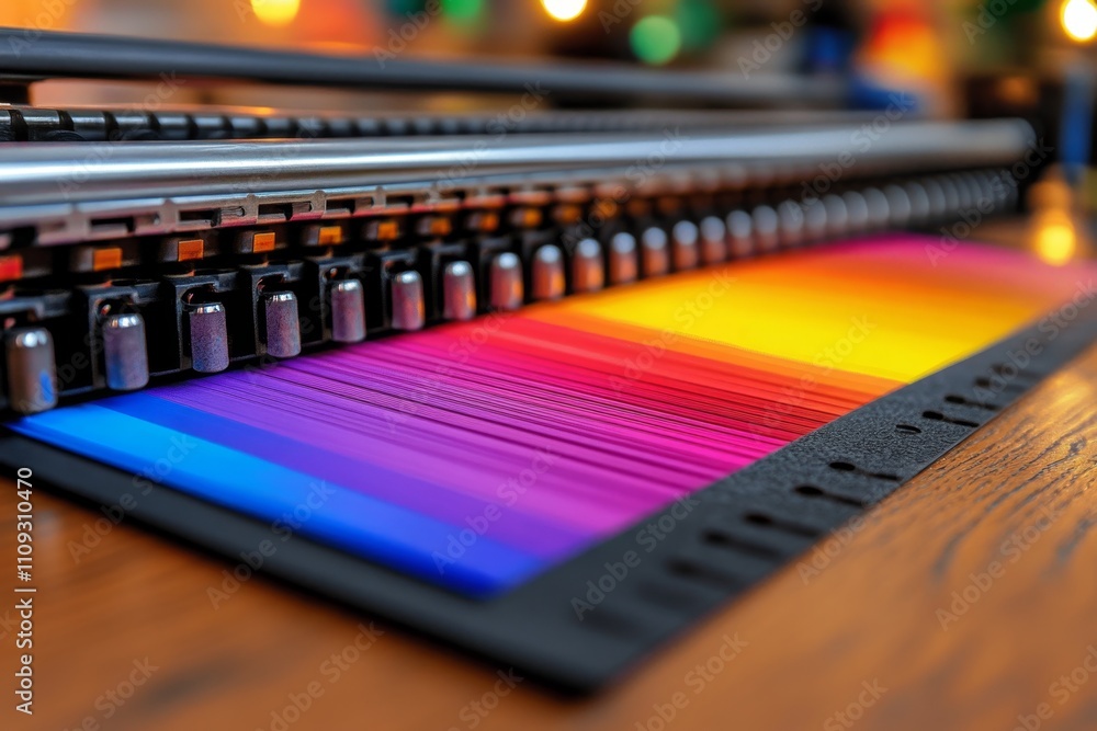 Poster A dynamic image of CMYK swatches being compared under natural and artificial light in a printing room