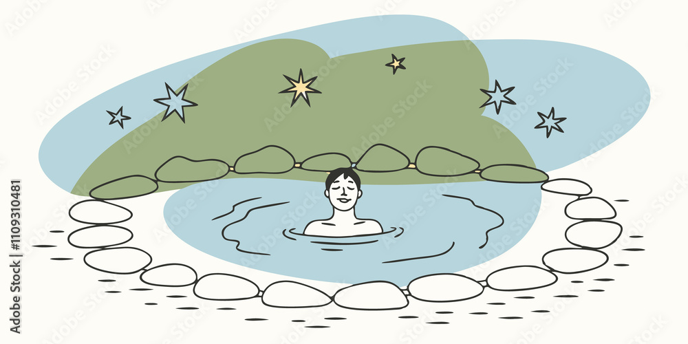 Poster Peaceful Reflection The image shows a serene hot spring surrounded by smooth stones. A person with closed eyes is floating back in the warm water while shimmering stars le brightly