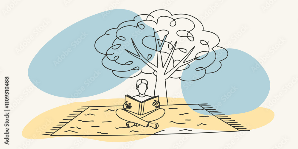 Poster Peaceful Escape The reader sits crossedlegged on a picnic blanket spread beneath a grand cherry blossom tree. Sunlight filters through the blossoms creating dappled shadows on the