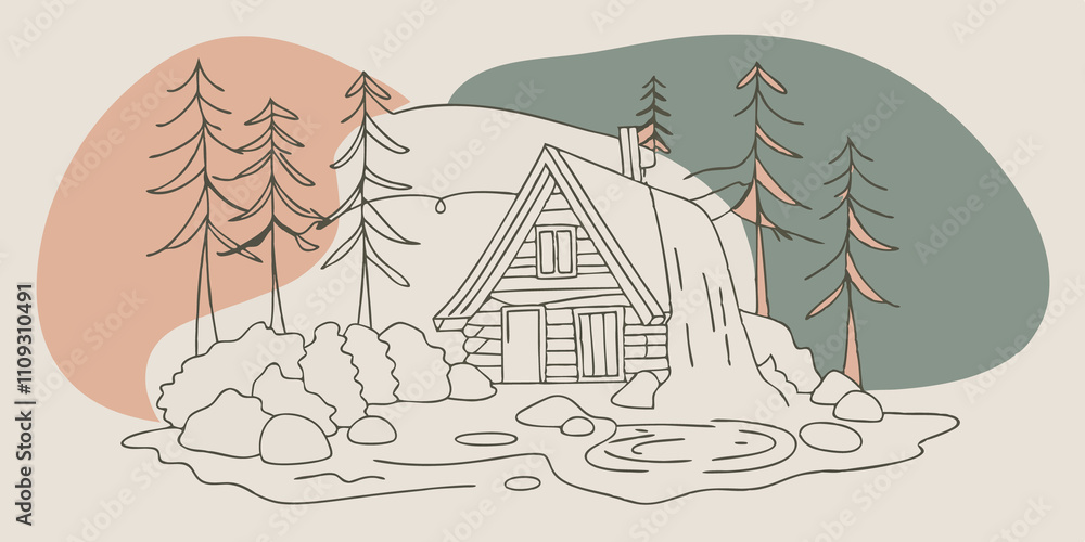 Poster peaceful refuge the cabin is nestled between evergreen trees creating a sense of seclusion. the hot 