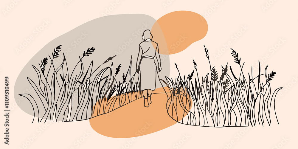 Aufkleber Peaceful Walk A person walking slowly along a path in the meadow taking deep breaths in sync with their steps enjoying the fresh fragrant air with a gentle breeze ruffling their