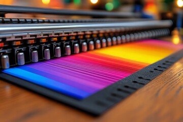 A dynamic image of CMYK swatches being compared under natural and artificial light in a printing room
