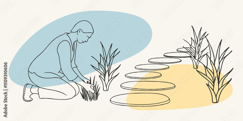 Aufkleber Plant Harmony A person gently plants a small succulent beside a of carefully arranged stones ensuring the colors complement each other. The setting is peaceful accentuated by the