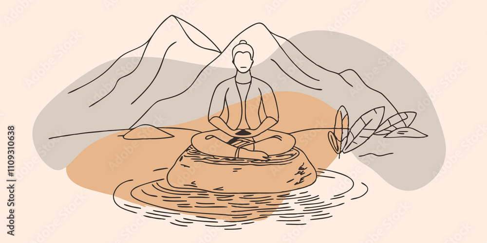 Poster peaceful solitude in this illustration a person sits crosslegged on a large stone in a calm mountain