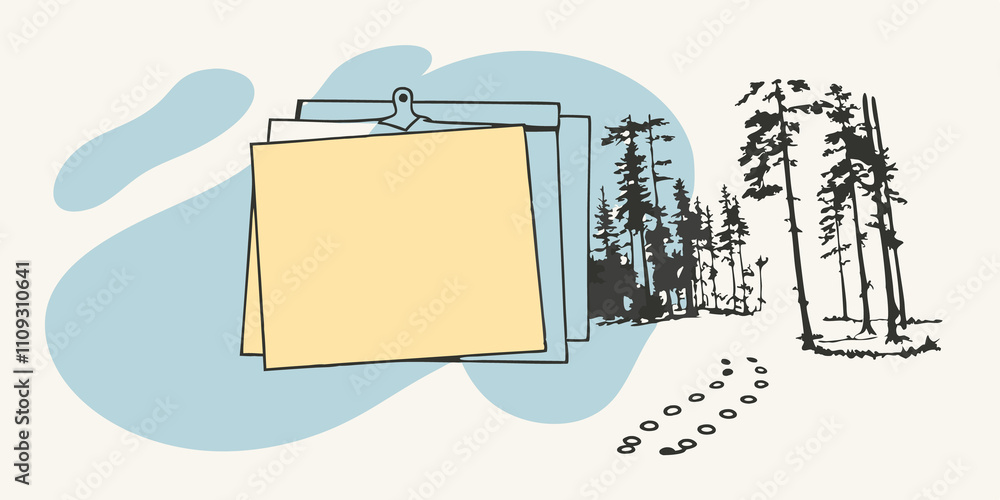 Poster PostIt Paradise A bright array of sticky notes clings to the edge of the desk vibrant reminders left untouched. In the background sunlight filters through tall trees while a set of