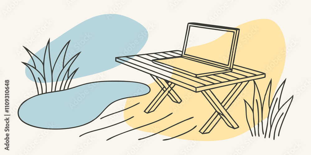 Poster outdoor workspace the scene depicts a cozy outdoor workspace where the laptop is balanced on a rusti