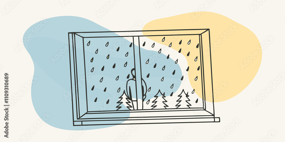 Aufkleber Peering Through Raindrops The focus is on the windowpane covered in glistening raindrops creating a blurred view of the forest outside. The persons silhouette is reflected on the