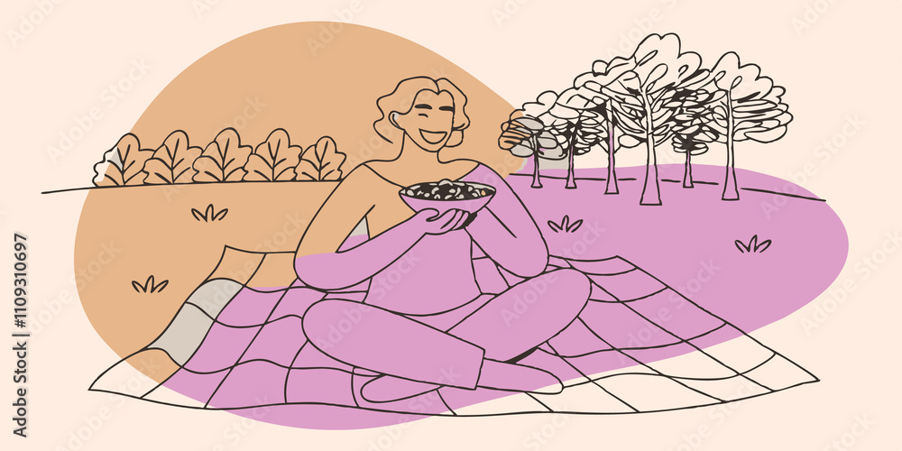 Poster Picnic Pose Sitting on a blanket spread across the grass the person holds a small bowl filled with freshly picked berries a content expression on their face as they indulge in the