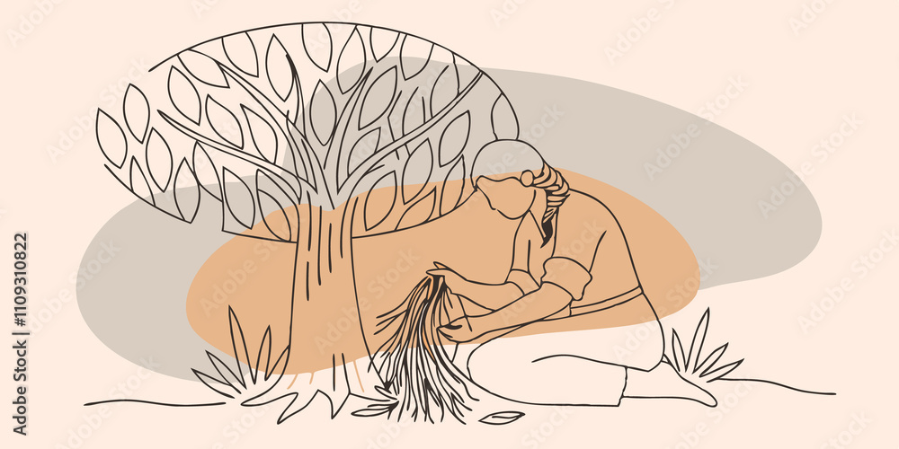 Aufkleber Quiet Reflection A person sits under the shade of a large tree deep in concentration as they braid the grass into a beautiful crown. Surrounding them are fallen leaves and twigs