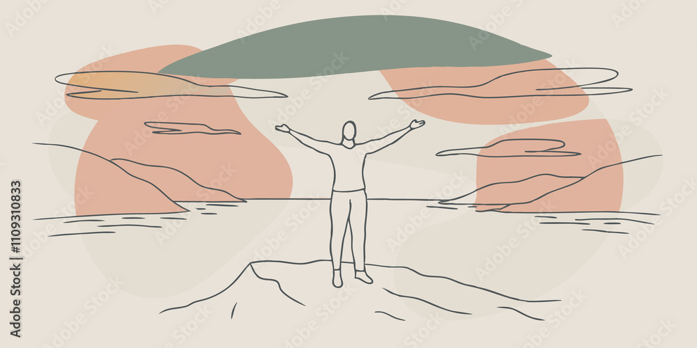 Poster quiet reflection a person stands at the edge of a cliff arms outstretched embracing the moment. the 