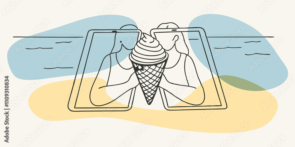 Poster Quiet Reflection On a small patch of sand by the lake a figure leans back on their elbows with a peaceful expression. They hold a classic waffle cone filled with chocolate fudge