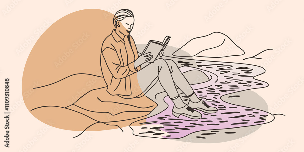 Poster Reflection by the Stream A figure sits on a smooth rock beside a bubbling stream their feet dipped in the cool water. As they read poetry the sound of flowing water provides a