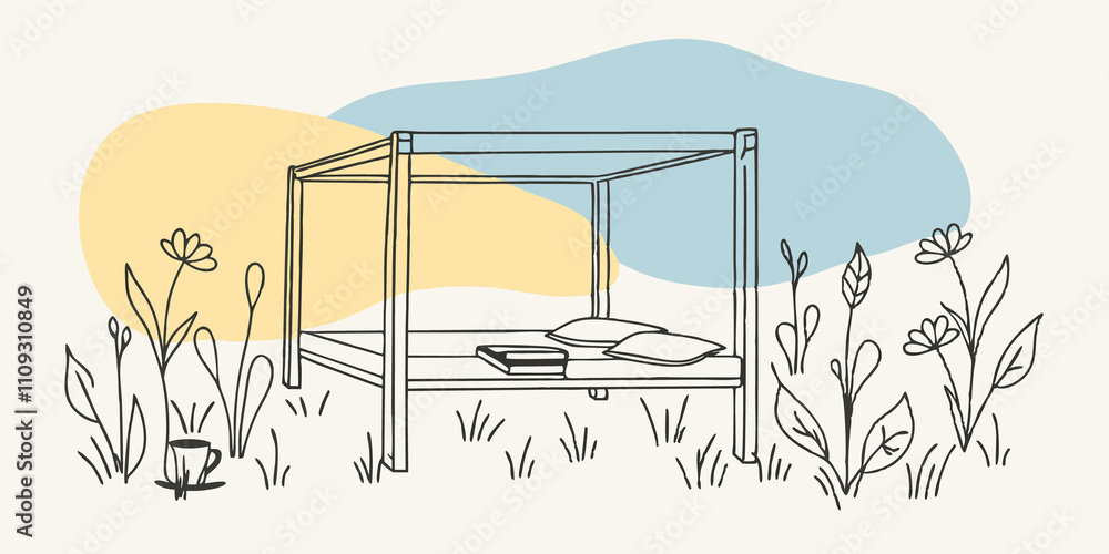 Poster quiet reflection the canopy bed is situated in a peaceful open field dotted with tall grasses and so