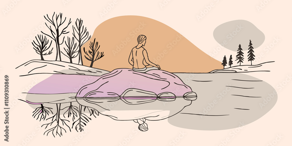 Aufkleber Reflection in Stillness A person sits on a weathered rock their silhouette reflected in the clear water of the river. The sky above is painted with soft colors of dawn and the