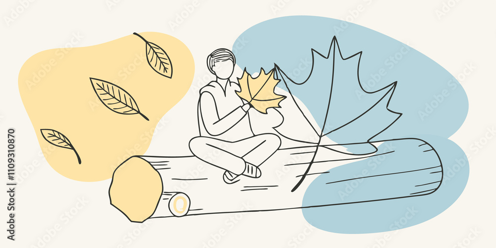 Poster Reflections in Nature A person sits on a fallen log surrounded by a blanket of leaves deep in thought while admiring a particularly beautiful leaf in their hand. The scene conveys